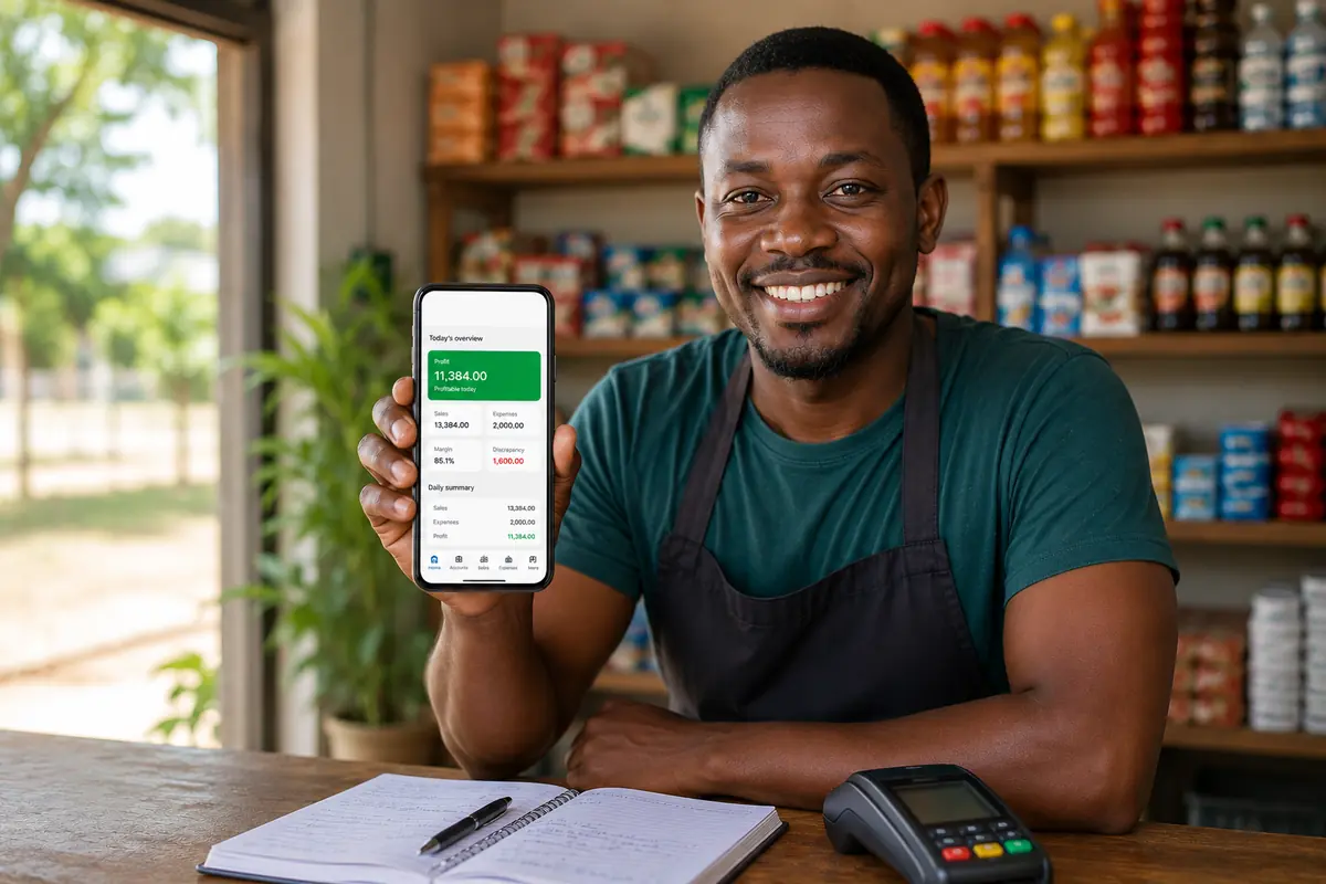 Small business owner using Bizwazi on a smartphone