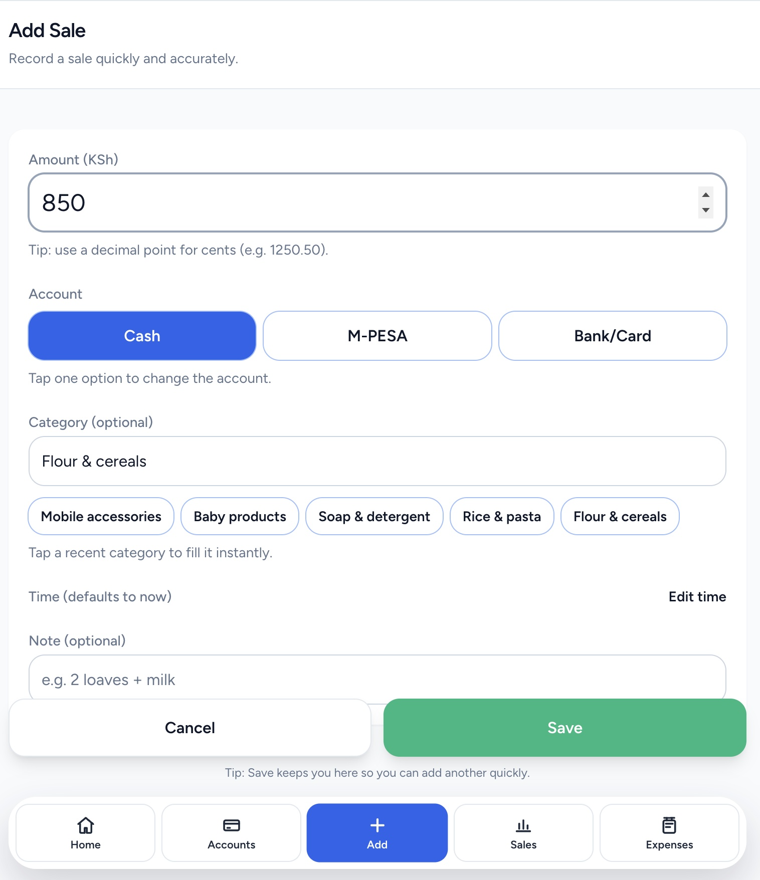 Bizwazi add sale screen