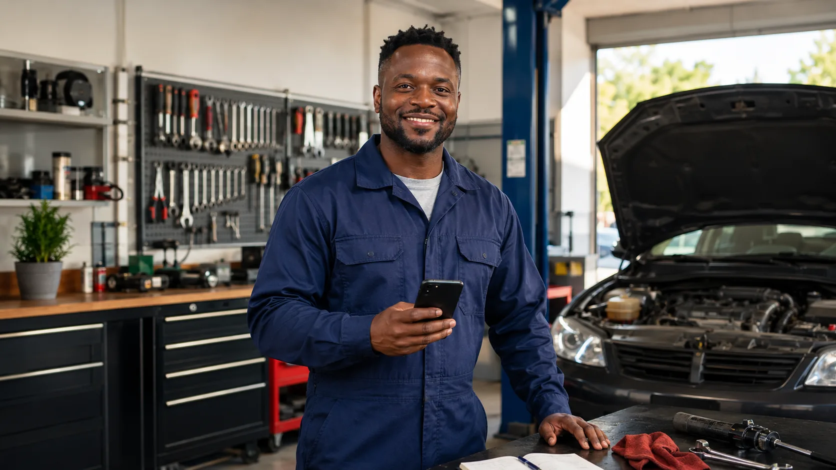 Small business owner in a garage using Bizwazi to manage daily money, invoices and records