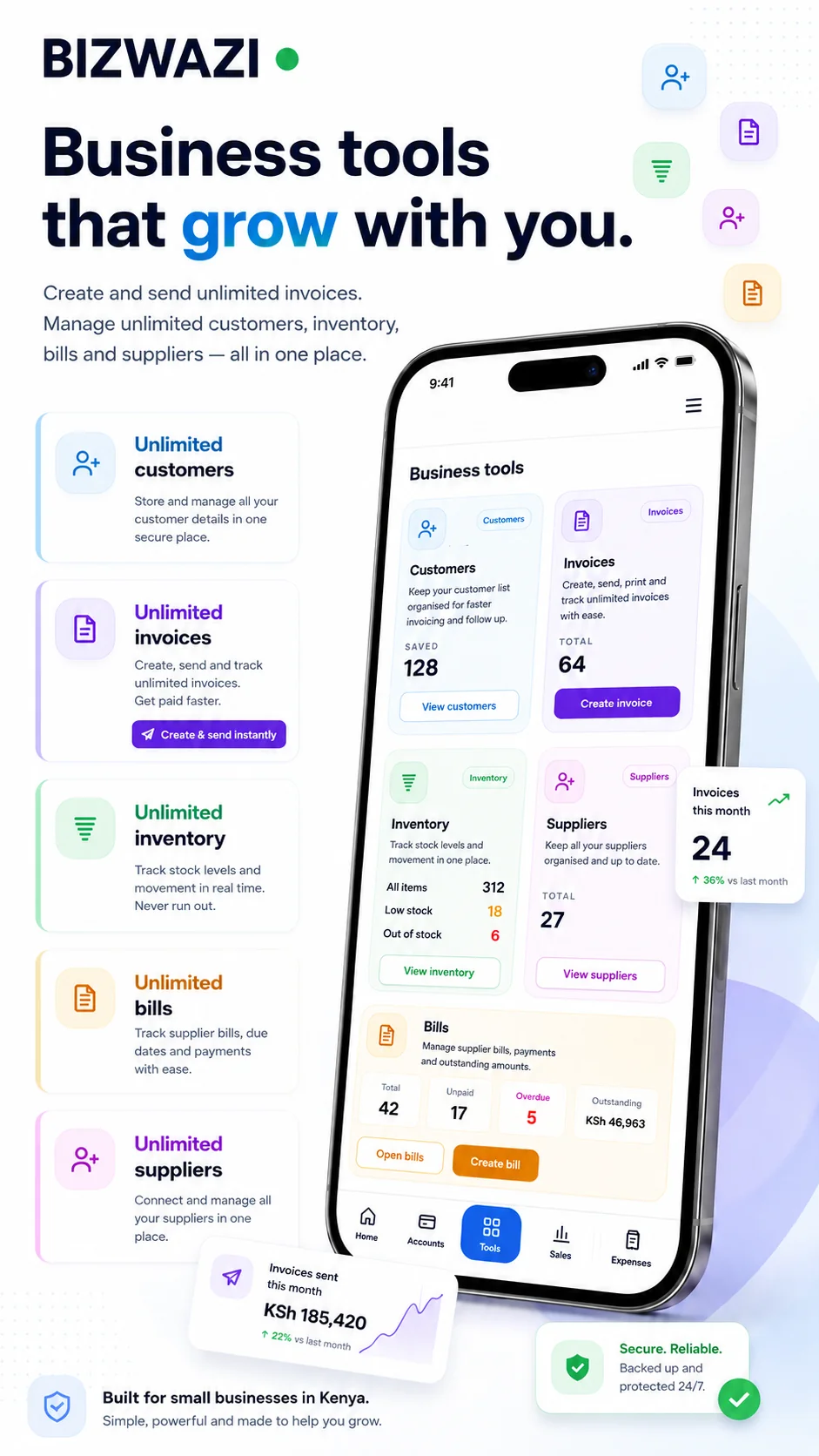 Bizwazi business tools for invoices, customers, inventory, bills and suppliers